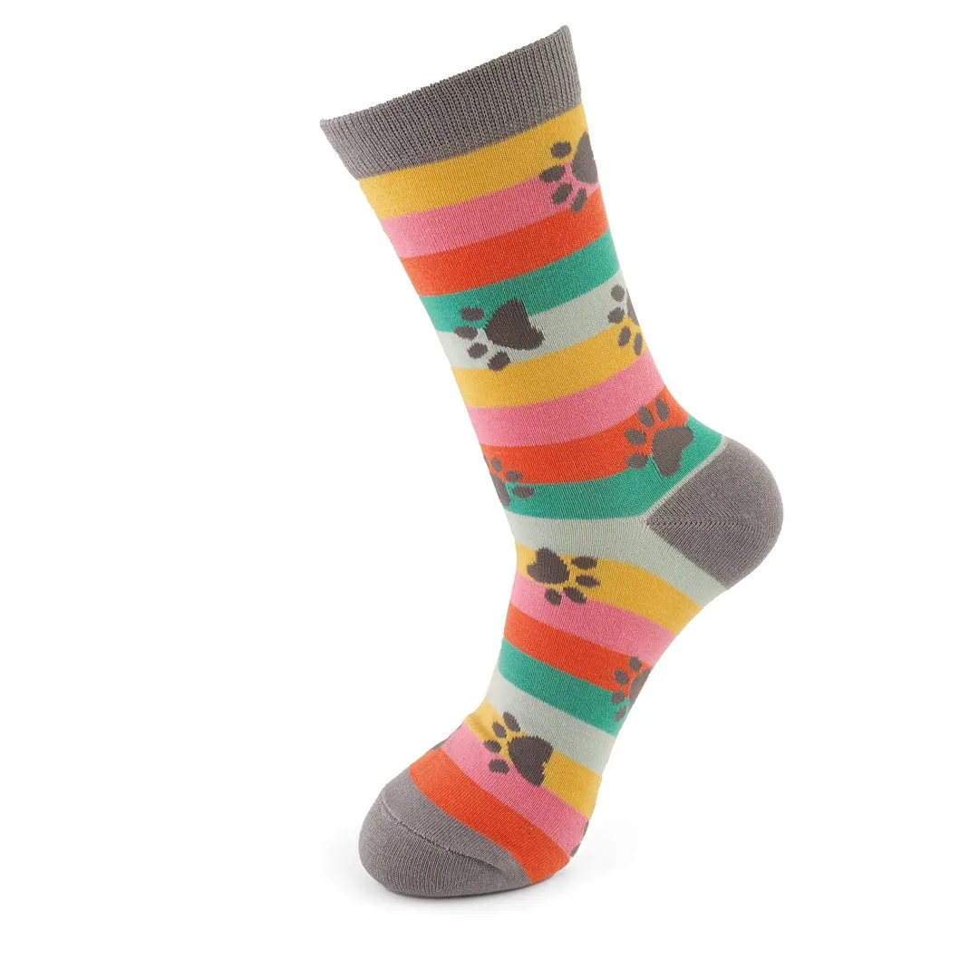 Paw Prints & Stripes Bamboo Socks in Salmon by Miss Sparrow