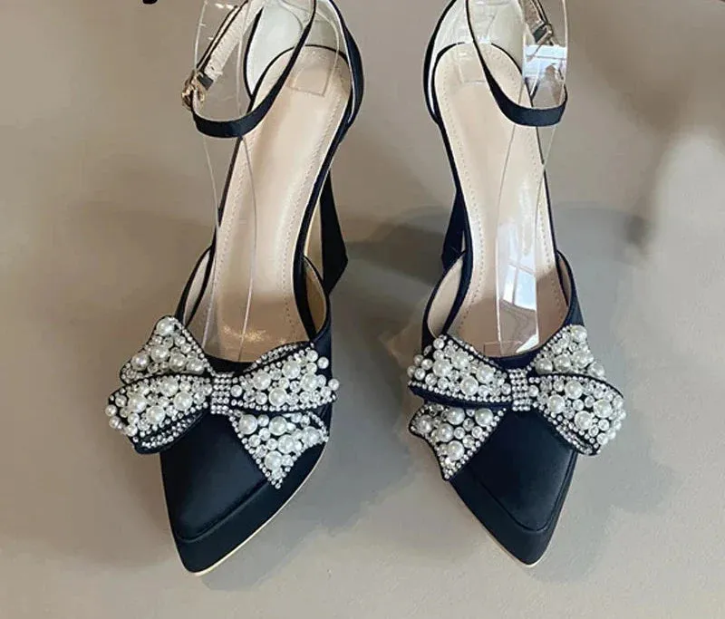 Pearl Butterfly-Knot Women High Heels Sandals Sexy Thick Bottom Pointed Toe Platform Pumps Wedding Banquet Shoes
