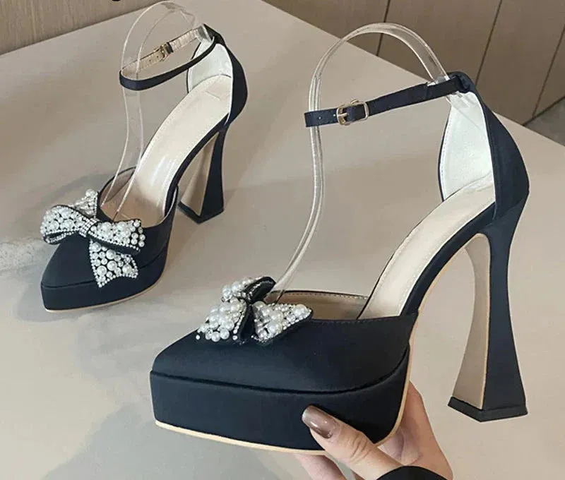 Pearl Butterfly-Knot Women High Heels Sandals Sexy Thick Bottom Pointed Toe Platform Pumps Wedding Banquet Shoes