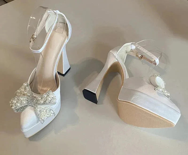 Pearl Butterfly-Knot Women High Heels Sandals Sexy Thick Bottom Pointed Toe Platform Pumps Wedding Banquet Shoes