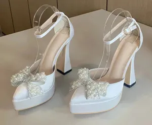 Pearl Butterfly-Knot Women High Heels Sandals Sexy Thick Bottom Pointed Toe Platform Pumps Wedding Banquet Shoes
