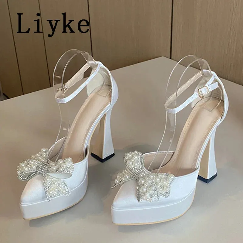 Pearl Butterfly-Knot Women High Heels Sandals Sexy Thick Bottom Pointed Toe Platform Pumps Wedding Banquet Shoes
