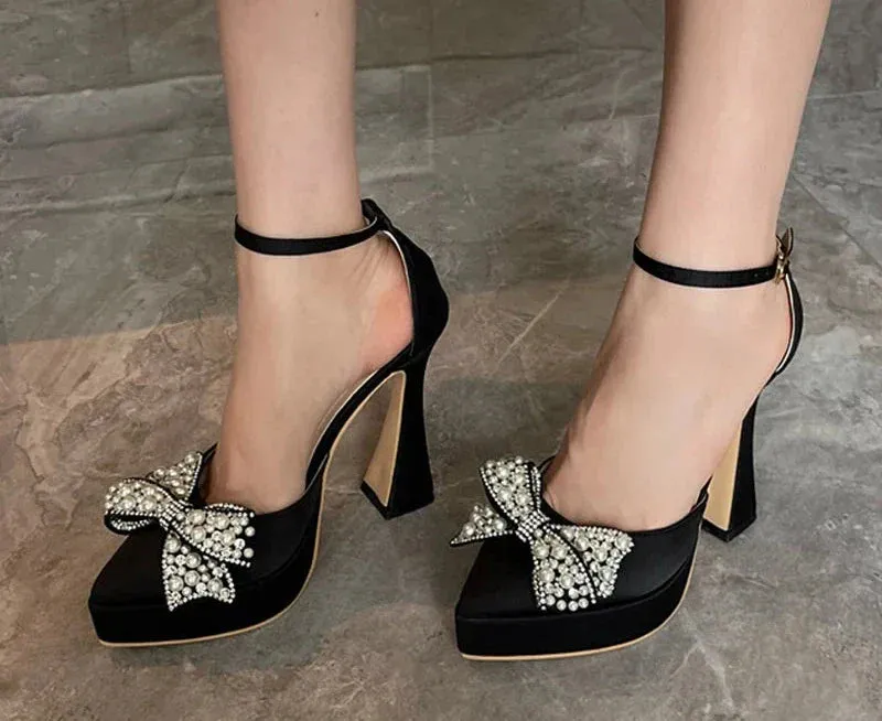 Pearl Butterfly-Knot Women High Heels Sandals Sexy Thick Bottom Pointed Toe Platform Pumps Wedding Banquet Shoes