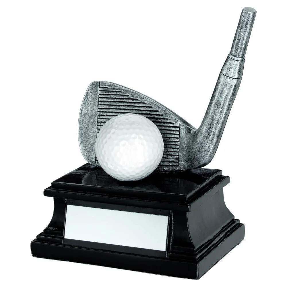 Pewter/White/Black Golf Club And Ball Trophy With Plate (Wedge) - 6in