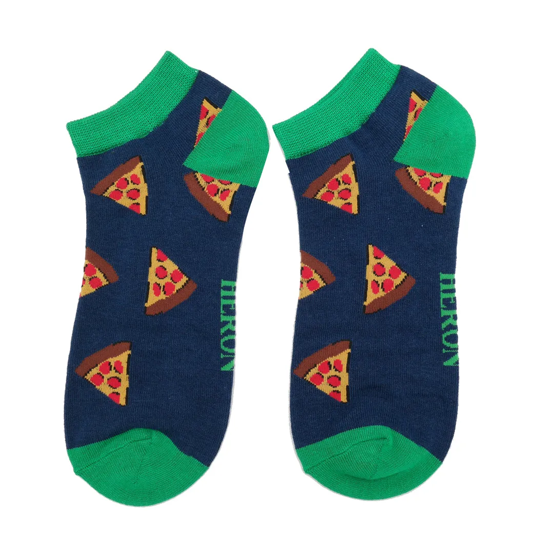 Pizza Slices Bamboo Trainer Socks in Navy by Mr Heron, Size UK 7-11