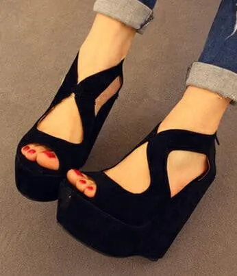 platform high-heeled shoes platform sandals female classic lacing open toe platform wedges shoes women's