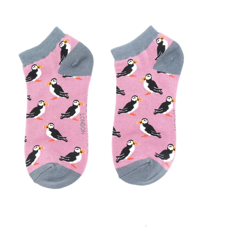 Puffins Bamboo Trainer Socks in Mauve by Miss Sparrow, Size UK 4-7