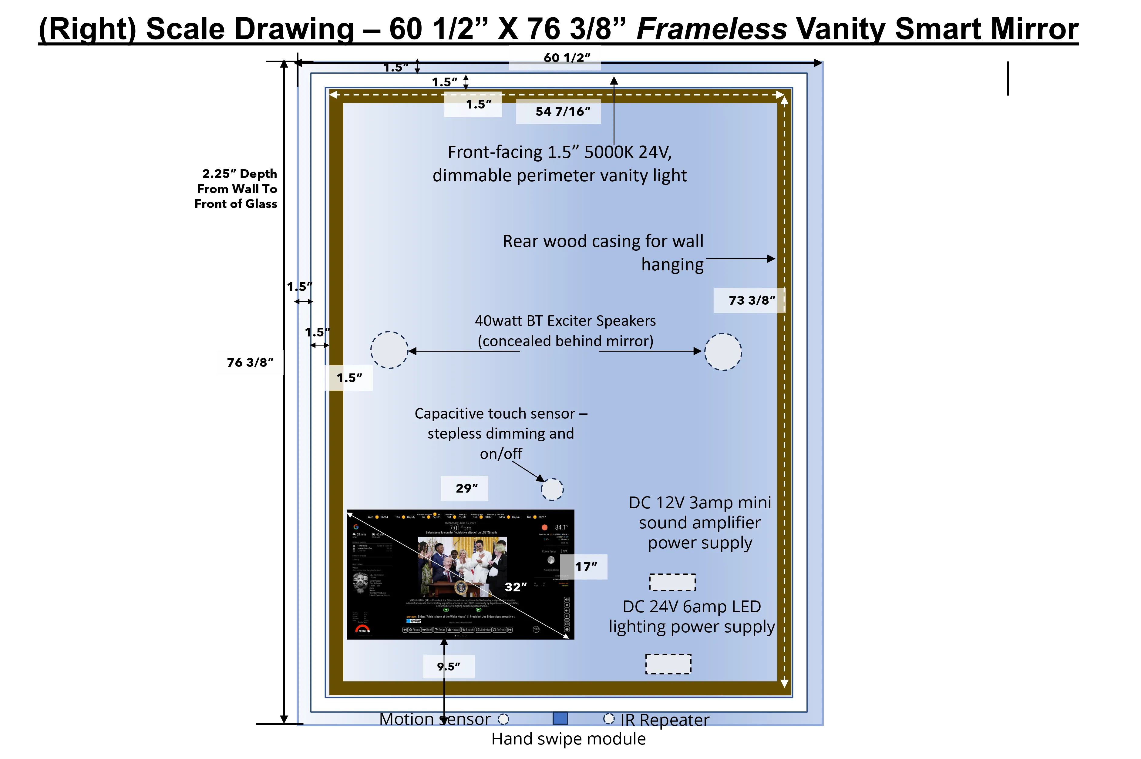 ***RESERVED*** (2X) Google Assistant Frameless Vanity Smart Mirrors - 32" Samsung 4K QLED- 76" X 60" X 2"