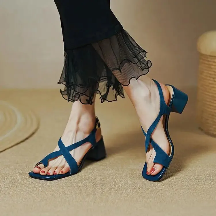 Sandals Women Summer Shoes Woman 2023 Flip Flops Chunky Blue Heels Medium Heel Dress Slides Roman Elegant Sexy Fashion Footwear
