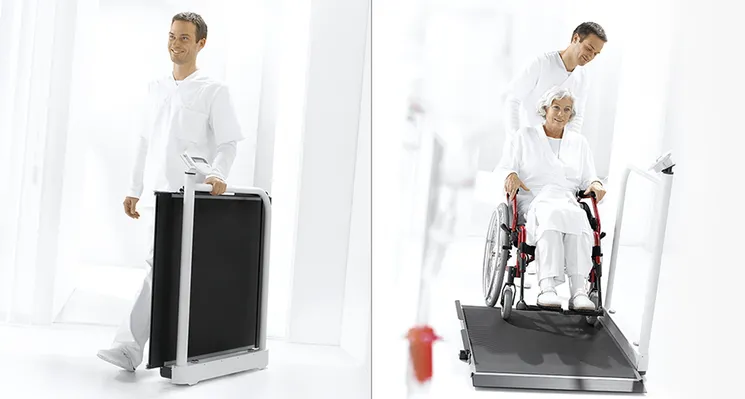 seca 677r - Class III high capacity digital wheelchair scale with folding handrail, BMI. RS232 interface - ideal for Renal Units