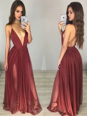 Sexy Backless Deep V Neck a line Side Slit Chiffon Long Evening Prom Dresses, Long Formal Dresses
