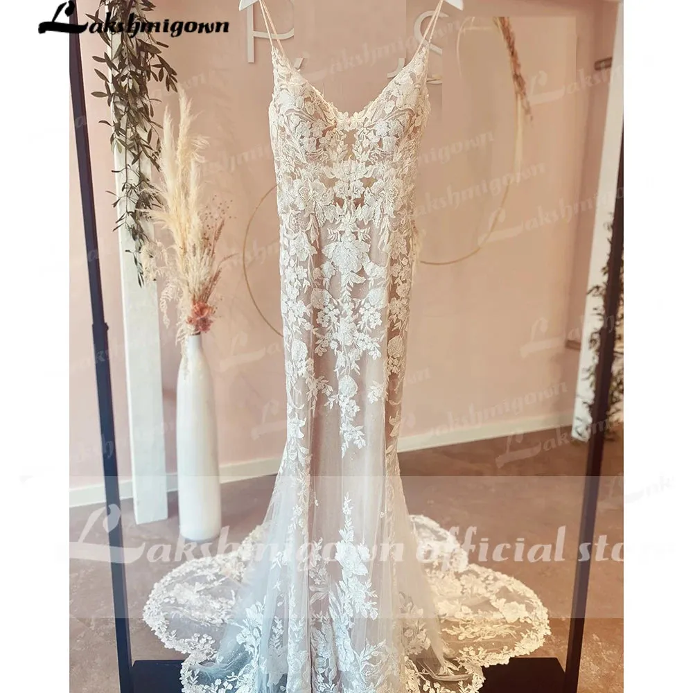 Sexy Spaghetti Straps Mermaid Wedding Dresses Champagne Bride Dress Lace Vestido de Noiva Sereia Wedding Gowns