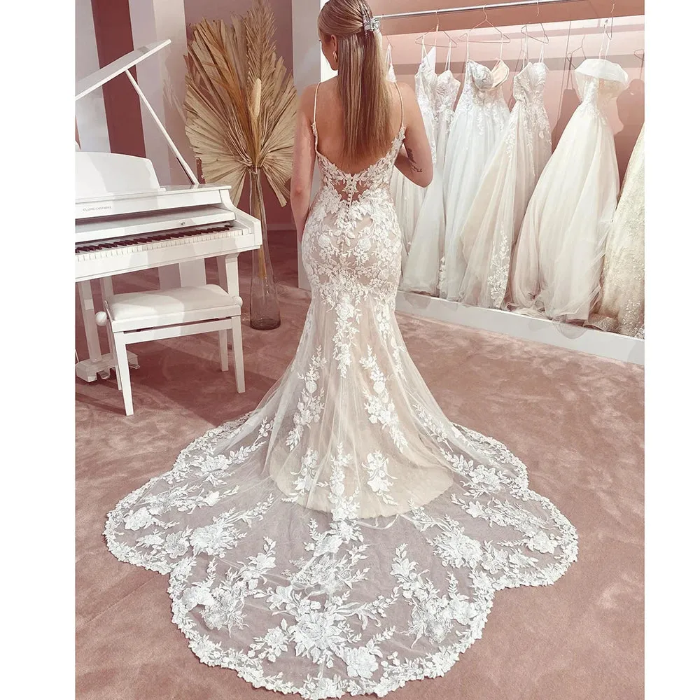 Sexy Spaghetti Straps Mermaid Wedding Dresses Champagne Bride Dress Lace Vestido de Noiva Sereia Wedding Gowns