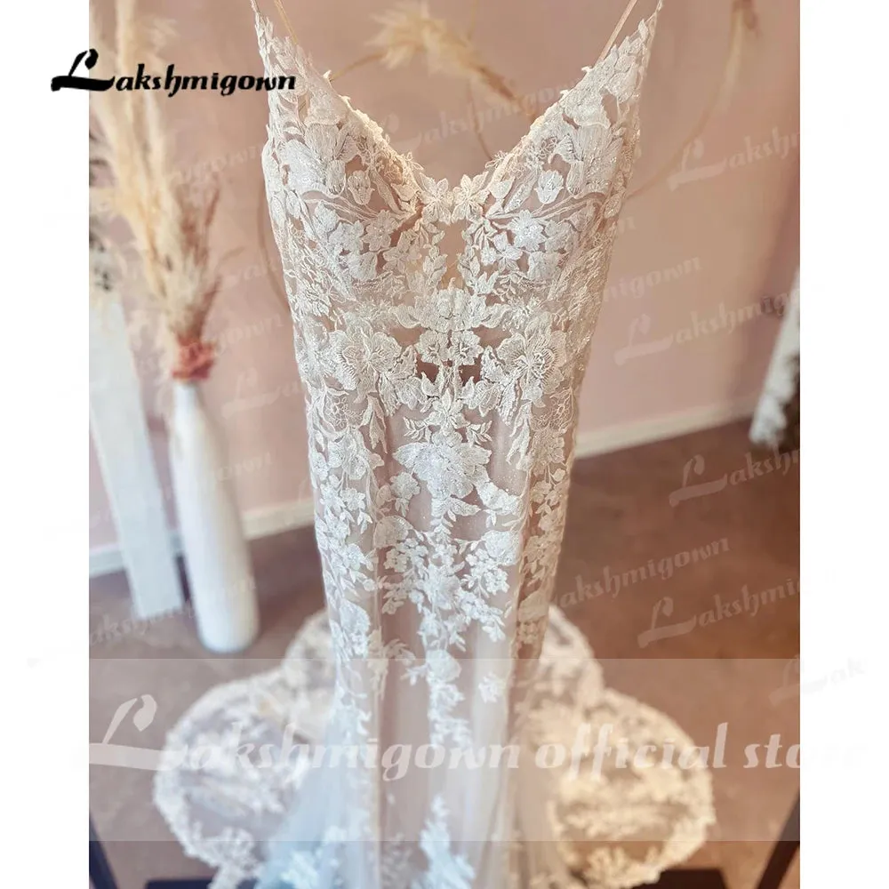 Sexy Spaghetti Straps Mermaid Wedding Dresses Champagne Bride Dress Lace Vestido de Noiva Sereia Wedding Gowns