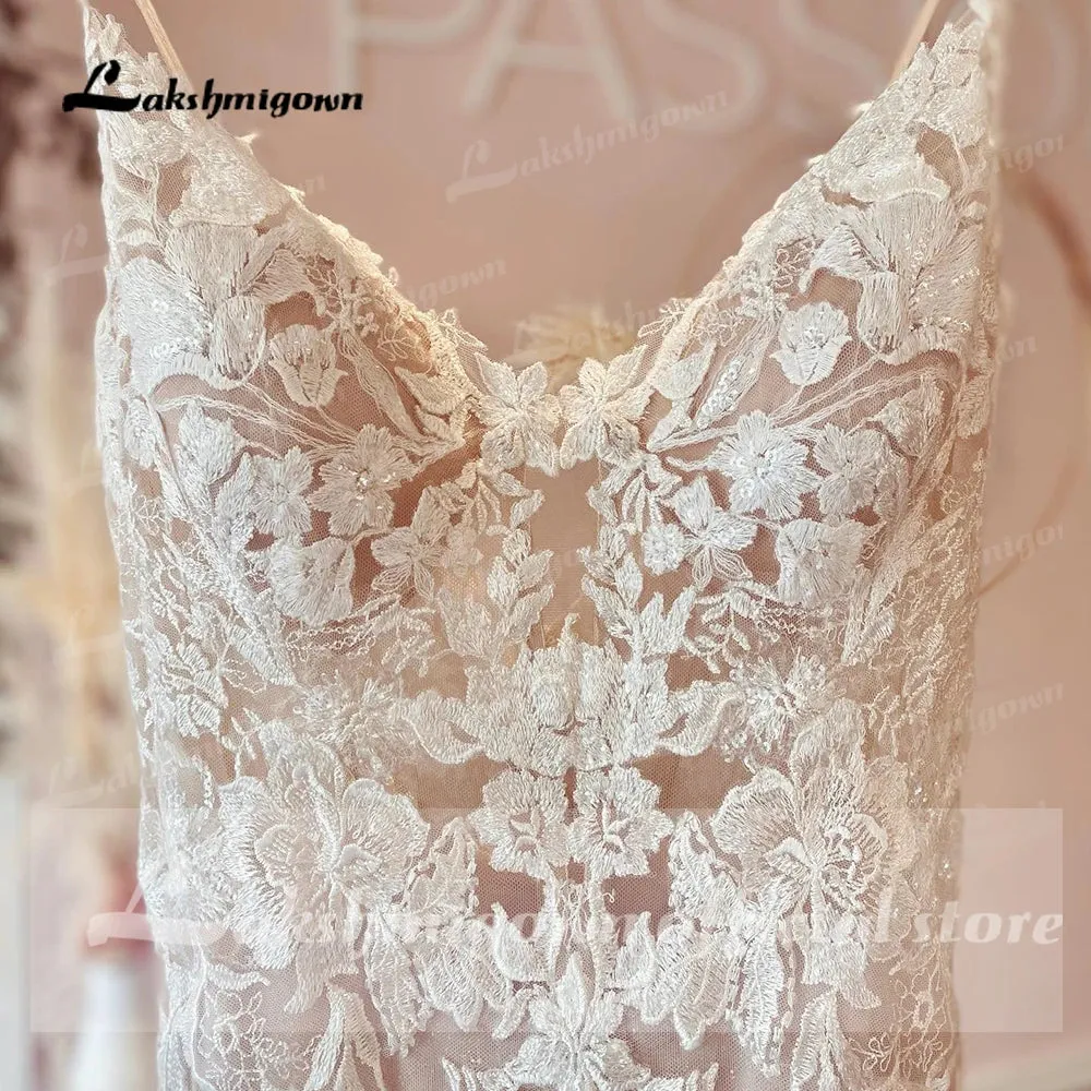 Sexy Spaghetti Straps Mermaid Wedding Dresses Champagne Bride Dress Lace Vestido de Noiva Sereia Wedding Gowns