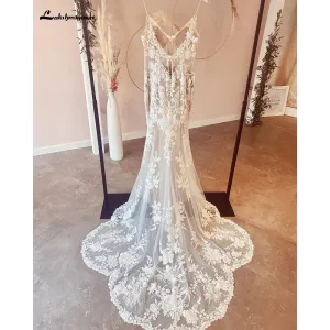 Sexy Spaghetti Straps Mermaid Wedding Dresses Champagne Bride Dress Lace Vestido de Noiva Sereia Wedding Gowns