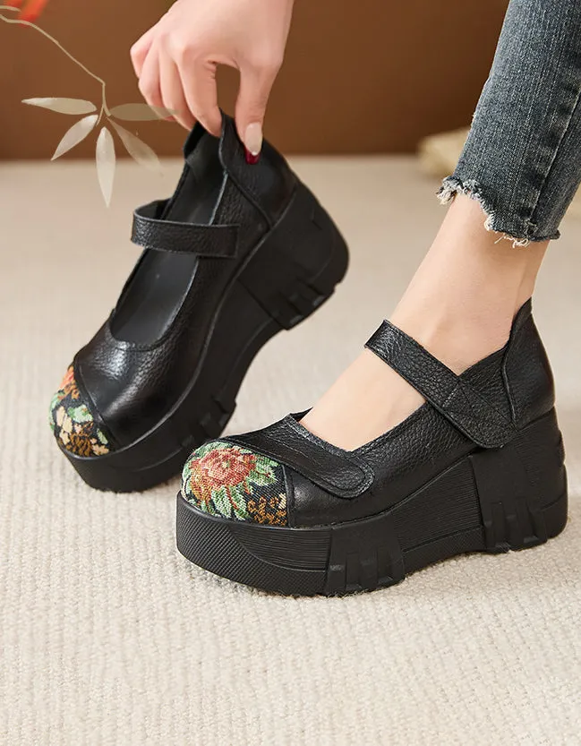 Spring Round Toe Ankle Strap Retro Wedge Shoes