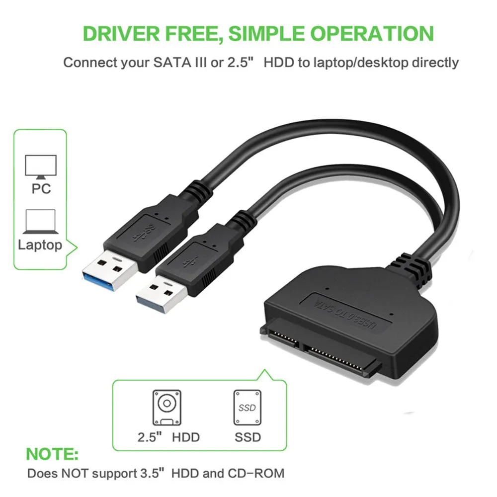 USB 3.0 To SATA 7 15 Pin Adapter Cable for 2.5 Inch HDD SSD 20/25CM black