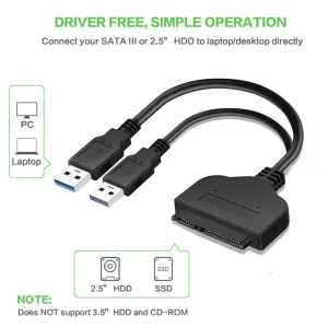 USB 3.0 To SATA 7 15 Pin Adapter Cable for 2.5 Inch HDD SSD 20/25CM black