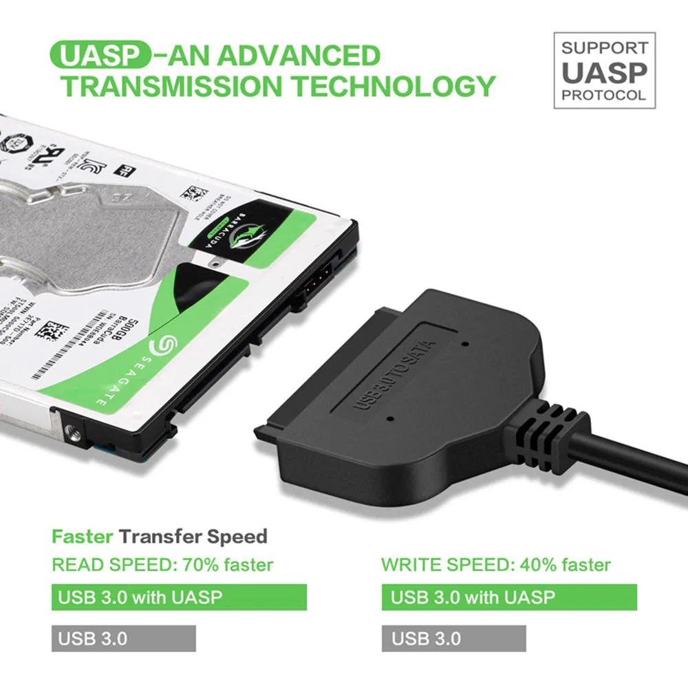 USB 3.0 To SATA 7 15 Pin Adapter Cable for 2.5 Inch HDD SSD 20/25CM black