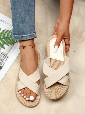 Vacation Outdoors Flat Beige Solid Slippers For Women, Criss Cross Polyester Open Toe Slide Sandals