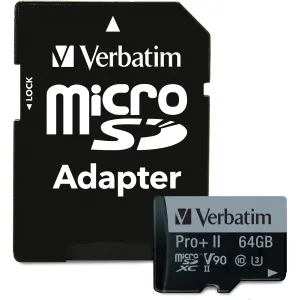 Verbatim 64GB Pro II Plus 1900X microSDXC Memory Card with Adapter, UHS-II V90 U3 Class 10