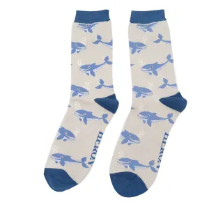 Whales Bamboo Socks in Silver by Mr Heron, Size UK 7-11