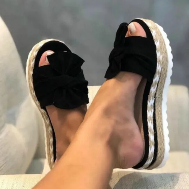 Women Slippers Platform Wedges Mid Heels Bow Tie Peep Toe Fashion Slides Beach Outdoor Ladies Shoes