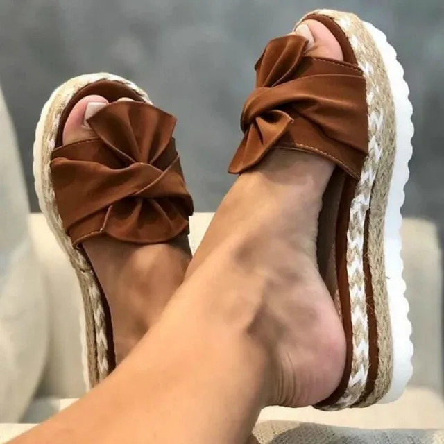 Women Slippers Platform Wedges Mid Heels Bow Tie Peep Toe Fashion Slides Beach Outdoor Ladies Shoes