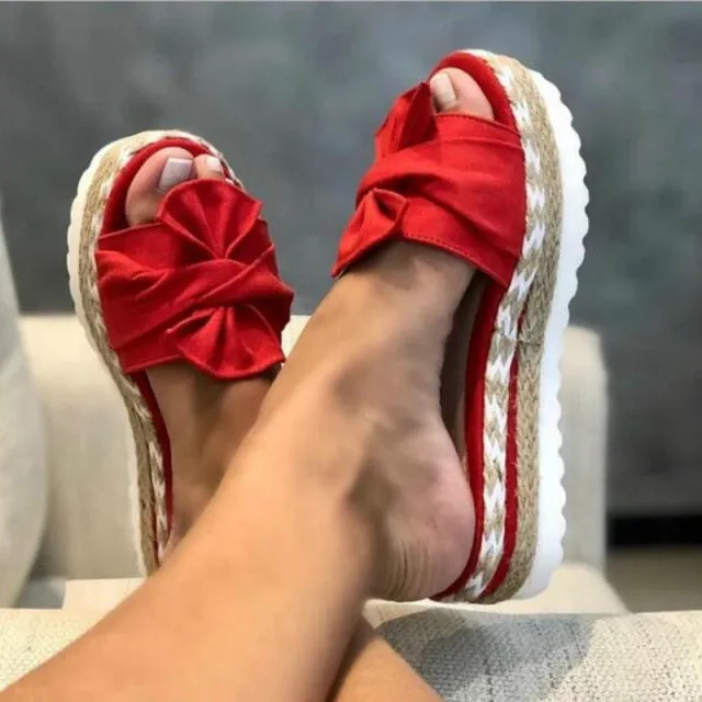 Women Slippers Platform Wedges Mid Heels Bow Tie Peep Toe Fashion Slides Beach Outdoor Ladies Shoes