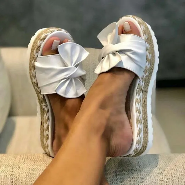 Women Slippers Platform Wedges Mid Heels Bow Tie Peep Toe Fashion Slides Beach Outdoor Ladies Shoes