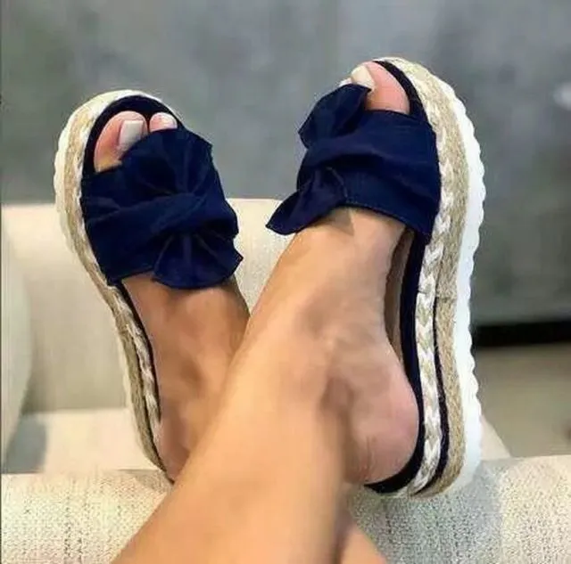 Women Slippers Platform Wedges Mid Heels Bow Tie Peep Toe Fashion Slides Beach Outdoor Ladies Shoes