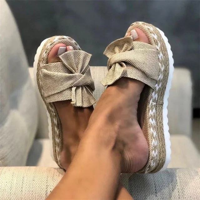 Women Slippers Platform Wedges Mid Heels Bow Tie Peep Toe Fashion Slides Beach Outdoor Ladies Shoes
