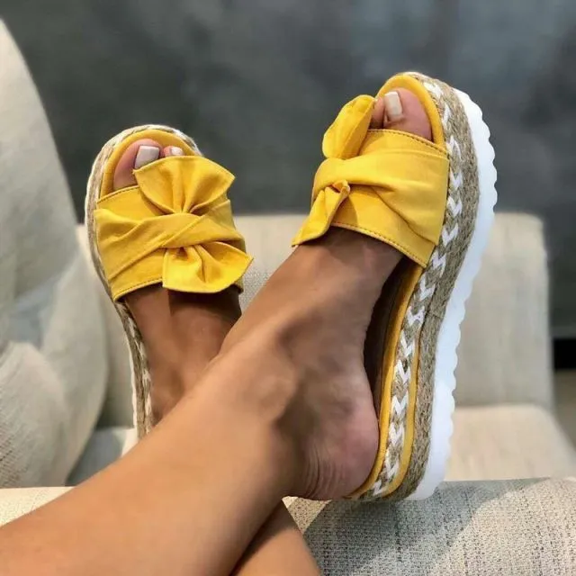 Women Slippers Platform Wedges Mid Heels Bow Tie Peep Toe Fashion Slides Beach Outdoor Ladies Shoes