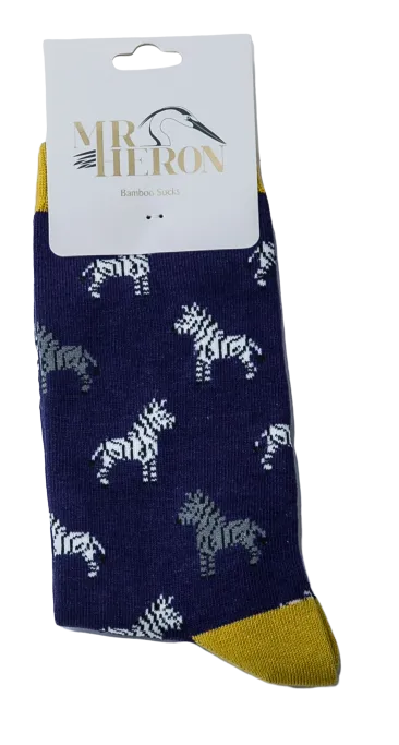 Zebra Bamboo Socks in Navy by Mr Heron, Size UK 7-11